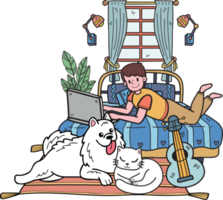 Hand Drawn Owner working on laptop with dog and cat in bedroom illustration in doodle style png