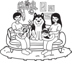 mano disegnato il proprietario giochi chitarra con il cane e gatto nel il vivente camera illustrazione nel scarabocchio stile png