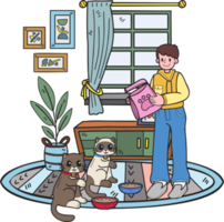Hand Drawn The owner feeds the cats in the room illustration in doodle style png