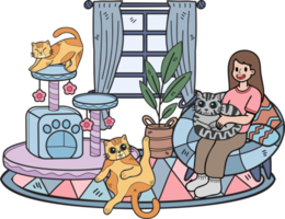 Hand Drawn The owner sits with the cat in the living room illustration in doodle style png