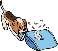 dibujado a mano perro beagle mordiendo almohada ilustración en estilo doodle png
