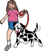 chien dalmatien dessiné à la main marchant avec illustration du propriétaire dans un style doodle png