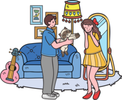 Hand Drawn Man gives a cat as a gift to a woman illustration in doodle style png