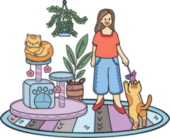 dibujado a mano el dueño juega con el gato en la ilustración de la habitación en estilo garabato png