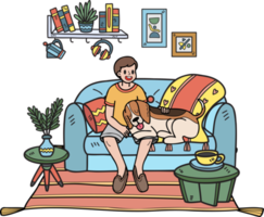 Hand Drawn owner and dog are sleeping in the room illustration in doodle style png