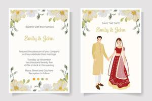 young indian wedding couple in red dress watercolor flower bouquet frame wedding   invitation vector