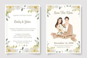 young wedding couple in red dress watercolor flower bouquet frame wedding invitation