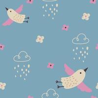 cute hand drawn love pattern for wrapping paper with white birds on blue background vector