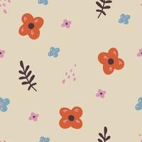 cute hand drawn floral pattern with red, blue and pink flowers vector