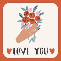 Pretty hand drawn love card with flowers and text love you vector