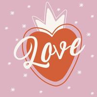 Pretty hand drawn love card with red heart and love caption on pink background vector