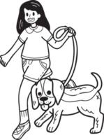 hand dragen beagle hund gående med ägare illustration i klotter stil png