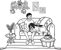 le propriétaire et le chien dessinés à la main dorment dans l'illustration de la chambre dans un style doodle png