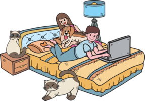 propietario dibujado a mano trabajando en una computadora portátil con perro y gato en la ilustración del dormitorio en estilo garabato png