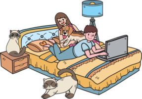 hand- getrokken eigenaar werken Aan laptop met hond en kat in slaapkamer illustratie in tekening stijl png