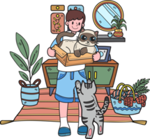 mão desenhada o gato implora seu dono na ilustração da sala de estar no estilo doodle png