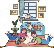 dibujado a mano el dueño lee un libro con el gato en la ilustración de la sala de estar en estilo garabato png