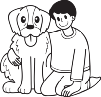 propriétaire dessiné à la main étreint illustration de chien golden retriever dans un style doodle png