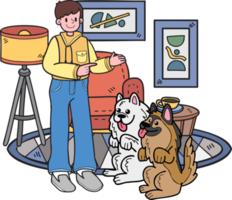 Hand Drawn dog is being trained by owner illustration in doodle style png