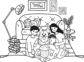 Hand Drawn owners are watching movies in blankets with dogs and cats illustration in doodle style png