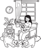 dessiné à la main le propriétaire joue de la guitare avec le chien dans l'illustration de la chambre dans un style doodle png