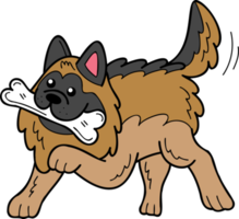 Hand Drawn German Shepherd Dog holding the bone illustration in doodle style png