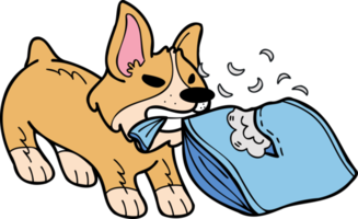 hand- getrokken corgi hond bijten hoofdkussen illustratie in tekening stijl png