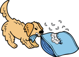 dibujado a mano perro golden retriever mordiendo almohada ilustración en estilo doodle png