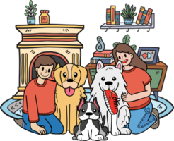 dessiné à la main le propriétaire a étreint le chien dans l'illustration de la chambre dans un style doodle png