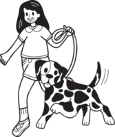 chien dalmatien dessiné à la main marchant avec illustration du propriétaire dans un style doodle png