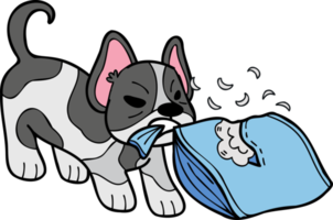 bulldog francés dibujado a mano ilustración de almohada mordiendo en estilo doodle png