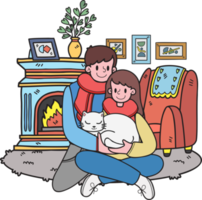 Hand Drawn Man and woman couple hugging a cat in the room illustration in doodle style png