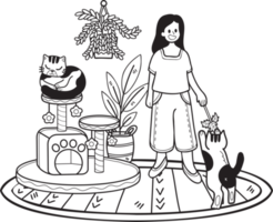dessiné à la main le propriétaire joue avec le chat dans l'illustration de la chambre dans un style doodle png
