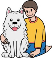 hand- getrokken eigenaar knuffels samojeed hond illustratie in tekening stijl png