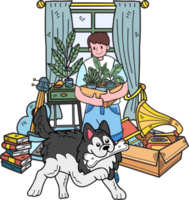 propietario dibujado a mano y perro husky mudándose a una nueva ilustración de hogar en estilo doodle png