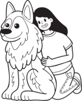 chien de berger allemand dessiné à la main étreint par l'illustration du propriétaire dans un style doodle png