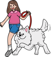 perro samoyedo dibujado a mano caminando con ilustración de propietario en estilo garabato png