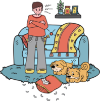 Hand Drawn owner is angry dog messed up the room illustration in doodle style png