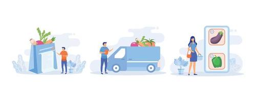 ilustración de envío de comestibles. personaje comprando verduras orgánicas frescas en línea, pagando un pedido y recibiendo comestibles entregados. concepto de entrega de alimentos de comestibles. ilustración moderna de vector plano