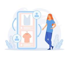 Sustainable fashion illustration. Characters sell, buy and swap used clothes and shoes online. Second hand, clothes exchange and donation. Flat vector modern illustration