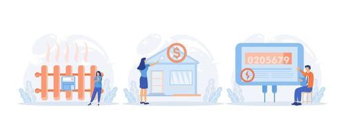 Sustainability illustration. Characters monitoring private electricity and central heating meter and calculating household utility bill.flat vector modern illustration