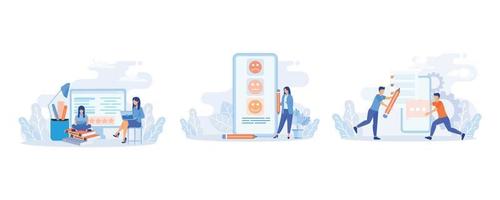 Customer support illustration. Characters using online helpdesk platform. People asking a questions and receiving answers from helpdesk operator or chatbot. flat vector illustration