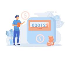 Household bills illustration. Characters calculating electricity, warm tap water and other utility costs. Energy and utilities consumption at home concept. flat vector modern illustration