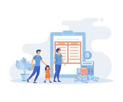 Family income.  Characters planning and bookkeeping budget and household spending. People making savings in piggy bank. Flat vector modern illustration