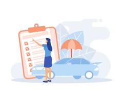 ilustración de seguros. personajes que presentan pólizas de seguro de vida o de salud para el automóvil, la propiedad y la familia con cobertura de riesgos. personas y objetos asegurados. ilustración moderna de vector plano