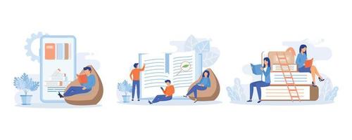 Various Online Education, Knowledge and Library Icons. People Characters Reading Books. Girls and Boys with Open Books in Hands Studying in Library. flat vector modern illustration