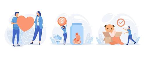 Donation illustration. Volunteers collecting and packing used clothes in boxes for charity. Characters putting money and hearts in jar. flat vector modern illustration