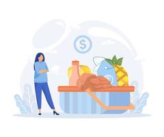 Inflation illustration. Characters buying groceries and luxury goods in supermarket and worries about price increase.Flat vector modern illustration