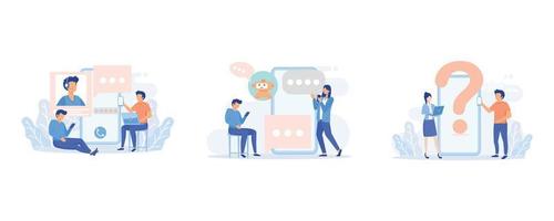 Customer support illustration. Characters using online helpdesk platform. People asking a questions and receiving answers from helpdesk operator or chatbot. flat vector illustration