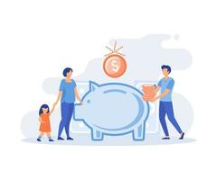 Family income.  Characters planning and bookkeeping budget and household spending. People making savings in piggy bank. Flat vector modern illustration
